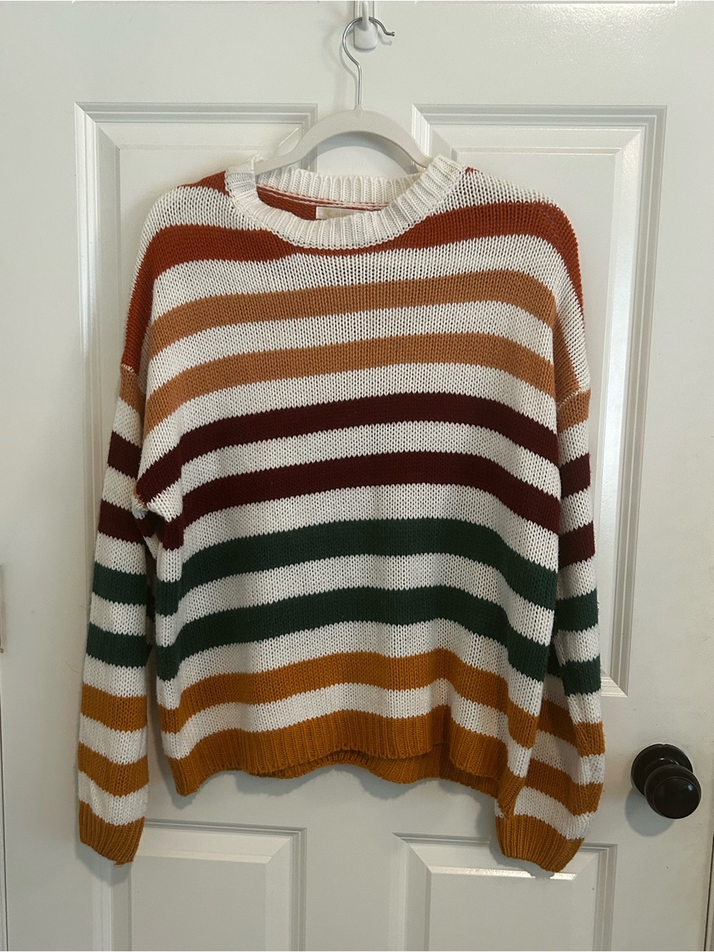 Cozy Striped Crewneck Sweater in White, Mustard, Rust, Burgundy & Green